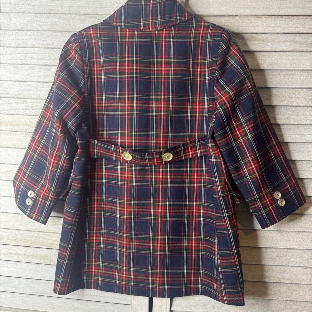 Vintage Whimsey Boys Plaid Pea Coat Double Breasted Navy Red Size 5 Wool Look - Picture 3 of 9
